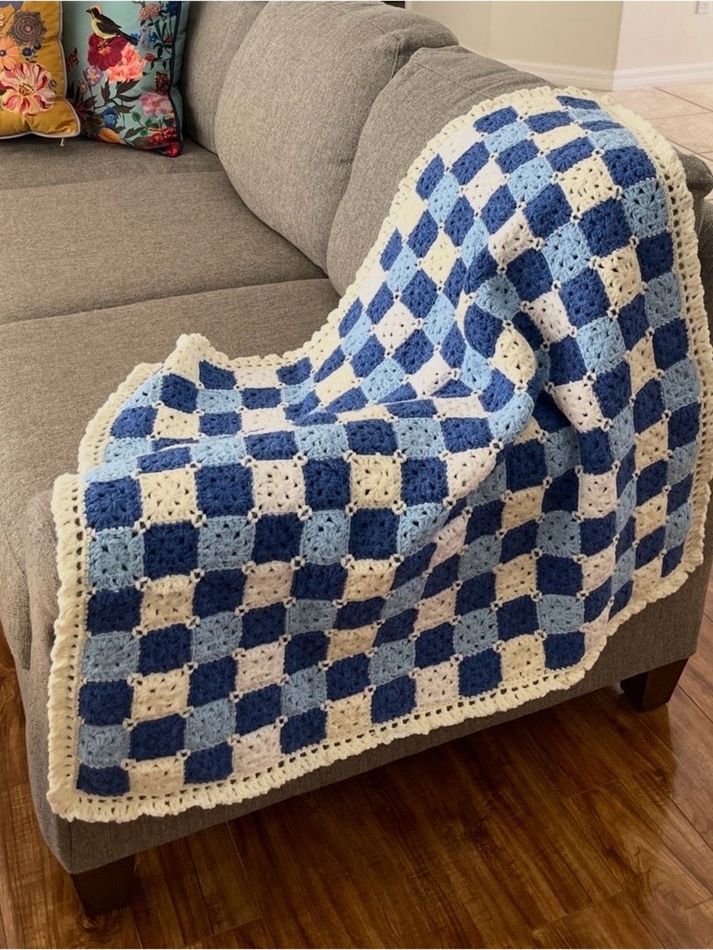 Handmade Crochet Checkerboard Baby Blanket, Navy/Blue/White, Acrylic, 36” x 36” - Picture 6 of 7